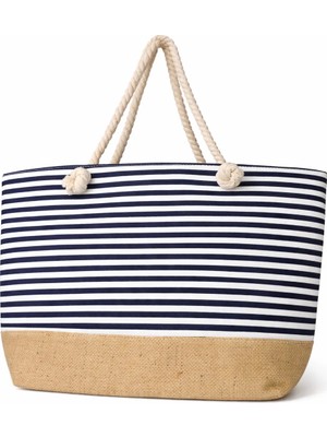 AQUATOLIA Kadın Lacivert Çizgili- Fermuarlı- 50*35- Plaj Çantası