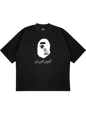 Pure Effect Unisex Oversize Bape x Ovo Baskılı Boxy Fit Kalın Kumaşlı (240GSM) T-Shirt