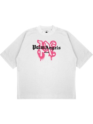 Pure Effect Unisex Oversize Palm Angels Spray Baskılı Boxy Fit Kalın Kumaşlı (240GSM) T-Shirt