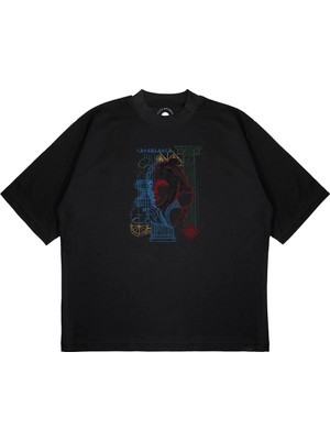Pure Effect Unisex Oversize Casablanca Çizim Davıncı Baskılı Boxy Fit Kalın Kumaşlı (240GSM) T-Shirt