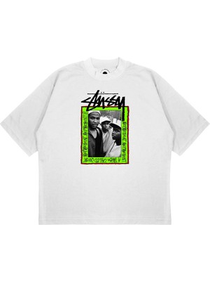 Pure Effect Unisex Oversize Stussy Fosfor Baskılı Boxy Fit Kalın Kumaşlı (240GSM) T-Shirt