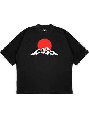 Pure Effect Unisex Oversize Kırmızı Dağ Baskılı Boxy Fit Kalın Kumaşlı T-Shirt