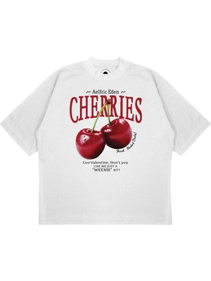 Pure Effect Unisex Oversize Cherries Baskılı Boxy Fit Kalın Kumaşlı T-Shirt