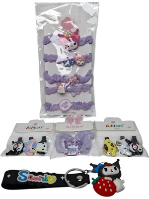 Spteks Kız Çocuk Kuromi Model Lila Renk Pens Toka Lastik Kuromi Anahtarlık Toka 5 Li Set