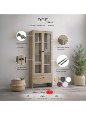 BBF Furniture Modern Design %100 Mdf, Cam Kapaklı 84 cm Vitrin ve Kitaplık – 5 Raflı, Çekmeceli, Çok Amaçlı Dolap | Modern Tasarım