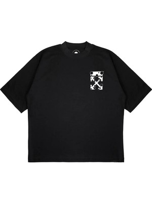 Pure Effect Unisex Oversize Off-Whıte Delıklı Baskılı Boxy Fit Kalın Kumaşlı (240GSM) T-Shirt