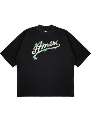 Pure Effect Unisex Oversize Dallı Logo Yazı Baskılı Boxy Fit Kalın Kumaşlı (240GSM) T-Shirt