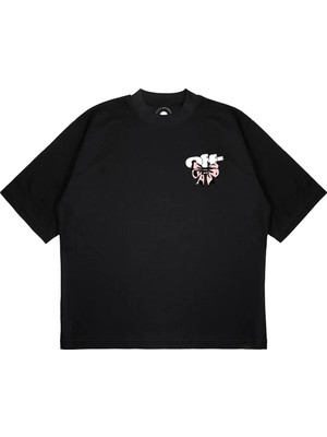 Pure Effect Unisex Oversize Off-Whıte Kurdele Baskılı Boxy Fit Kalın Kumaşlı (240GSM) T-Shirt