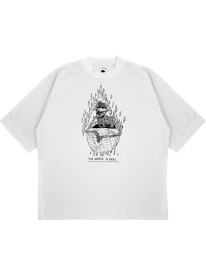 Pure Effect Unisex Oversize Flame Iskelet Baskılı Boxy Fit Kalın Kumaşlı T-Shirt