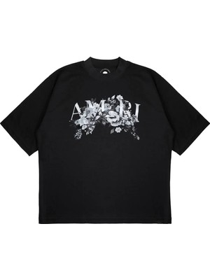 Pure Effect Unisex Oversize Çiçekli Yazı Baskılı Boxy Fit Kalın Kumaşlı (240GSM) T-Shirt