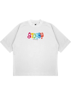 Pure Effect Unisex Oversize Stussy Rengarenk Baskılı Boxy Fit Kalın Kumaşlı (240GSM) T-Shirt