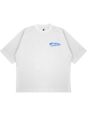 Pure Effect Unisex Oversize Off-Whıte Blue x Baskılı Boxy Fit Kalın Kumaşlı (240GSM) T-Shirt