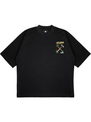 Pure Effect Unisex Oversize Off Whıte Karışık Baskılı Boxy Fit Kalın Kumaşlı T-Shirt