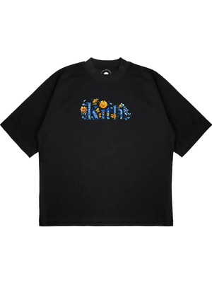 Pure Effect Unisex Oversize Kıth Mavi Çiçek Baskılı Boxy Fit Kalın Kumaşlı T-Shirt