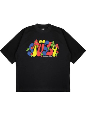 Pure Effect Unisex Oversize Stussy Mantar Baskılı Boxy Fit Kalın Kumaşlı (240GSM) T-Shirt