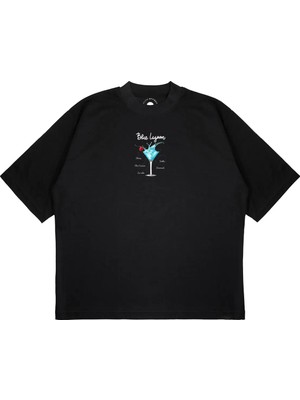 Pure Effect Unisex Oversize Blue Lagon Kokteyl Baskılı Boxy Fit Kalın Kumaşlı T-Shirt