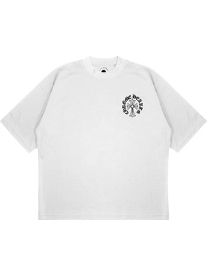Pure Effect Unisex Oversize Chrome Dairesiz Baskılı Boxy Fit Kalın Kumaşlı T-Shirt