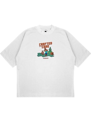 Pure Effect Unisex Oversize Mınecraft Crafted Baskılı Boxy Fit Kalın Kumaşlı (240GSM) T-Shirt