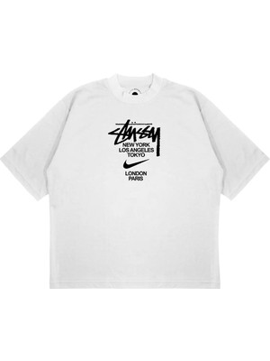 Pure Effect Unisex Oversize Karışık Logolu Baskılı Boxy Fit Kalın Kumaşlı T-Shirt