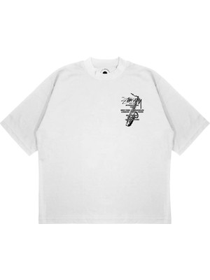 Pure Effect Unisex Oversize Saksafon Logolu Baskılı Boxy Fit Kalın Kumaşlı T-Shirt