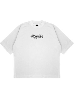Pure Effect Unisex Oversize Off-Whıte Dallı Ön Baskılı Boxy Fit Kalın Kumaşlı (240GSM) T-Shirt