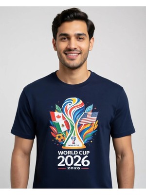 Efendioğlu Design Kısa Kollu Kupa Görselli 2026 Dünya Kupası Logolu Amerika-Mexico-Kanada Baskılı T-Shirt