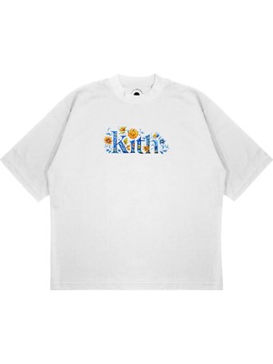 Pure Effect Unisex Oversize Kıth Mavi Çiçek Baskılı Boxy Fit Kalın Kumaşlı T-Shirt