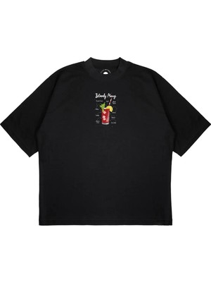Pure Effect Unisex Oversize Bloody Mary Kokteyl Baskılı Boxy Fit Kalın Kumaşlı T-Shirt