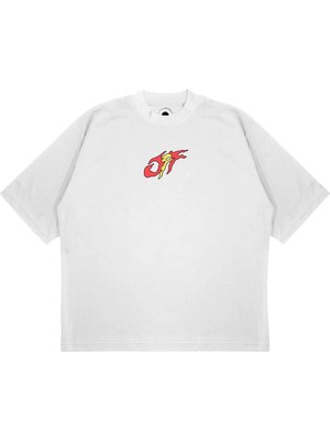 Pure Effect Unisex Oversize Off-Whıte Dragon Flame Baskılı Boxy Fit Kalın Kumaşlı (240GSM) T-Shirt
