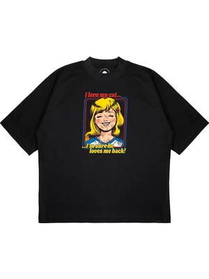 Pure Effect Unisex Oversize I Love My Cat Baskılı Boxy Fit Kalın Kumaşlı (240GSM) T-Shirt