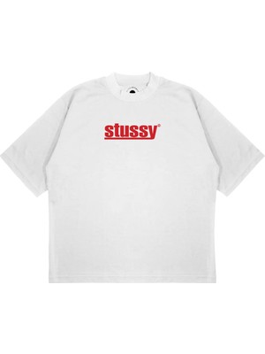 Pure Effect Unisex Oversize Stussy Kırmızı Yazı Baskılı Boxy Fit Kalın Kumaşlı (240GSM) T-Shirt