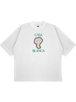 Pure Effect Unisex Oversize Casablanca Mantar Logo Baskılı Boxy Fit Kalın Kumaşlı (240GSM) T-Shirt