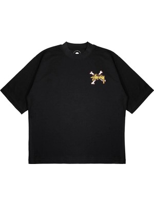 Pure Effect Unisex Oversize Stussy Kemık Baskılı Boxy Fit Kalın Kumaşlı (240GSM) T-Shirt