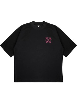 Pure Effect Unisex Oversize Off-Whıte Pembe Çiçek Baskılı Boxy Fit Kalın Kumaşlı (240GSM) T-Shirt