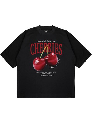 Pure Effect Unisex Oversize Cherries Baskılı Boxy Fit Kalın Kumaşlı T-Shirt