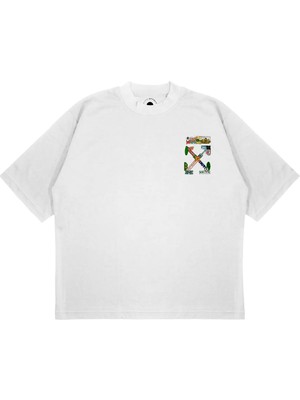 Pure Effect Unisex Oversize Off Whıte Karışık Baskılı Boxy Fit Kalın Kumaşlı T-Shirt