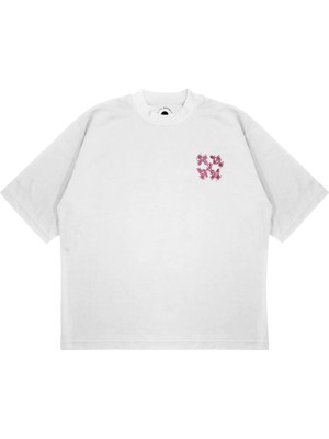 Pure Effect Unisex Oversize Off-Whıte Pembe Çiçek Baskılı Boxy Fit Kalın Kumaşlı (240GSM) T-Shirt