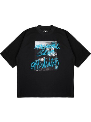 Pure Effect Unisex Oversize Off-Whıte Ön Mavi Baskılı Boxy Fit Kalın Kumaşlı (240GSM) T-Shirt
