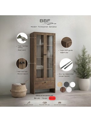 BBF Furniture Modern Design %100 Mdf, Cam Kapaklı 84 cm Vitrin ve Kitaplık – 5 Raflı, Çekmeceli, Çok Amaçlı Dolap | Modern Tasarım