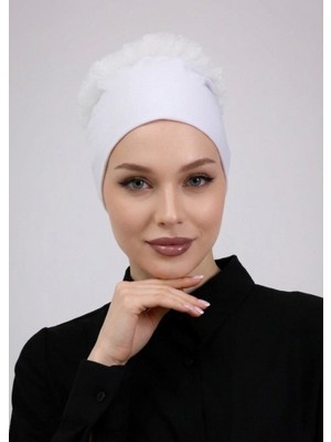 Alivascarf Fırfırlı Dikişsiz Penye Bone Ekru - Kadın Tesettür Bağlamalı Topuz Iç Bone Kırık Beyaz