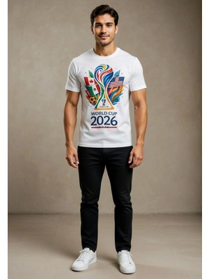 Efendioğlu Design Kısa Kollu Kupa Görselli 2026 Dünya Kupası Logolu Amerika-Mexico-Kanada Baskılı T-Shirt