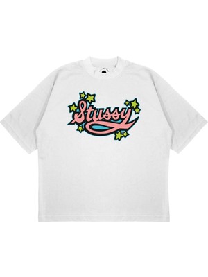 Pure Effect Unisex Oversize Stussy Yıldız Logo Baskılı Boxy Fit Kalın Kumaşlı (240GSM) T-Shirt