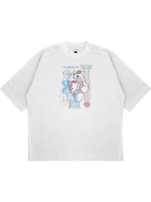 Pure Effect Unisex Oversize Casablanca Çizim Davıncı Baskılı Boxy Fit Kalın Kumaşlı (240GSM) T-Shirt