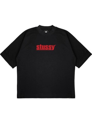 Pure Effect Unisex Oversize Stussy Kırmızı Yazı Baskılı Boxy Fit Kalın Kumaşlı (240GSM) T-Shirt