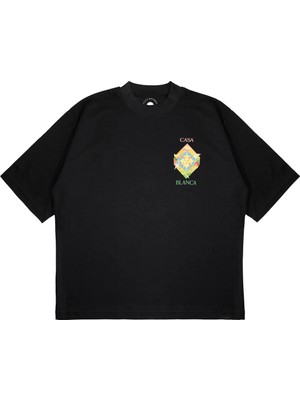 Pure Effect Unisex Oversize Casablanca Güneş Uçak Baskılı Boxy Fit Kalın Kumaşlı (240GSM) T-Shirt
