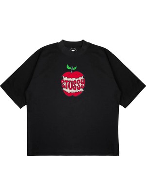 Pure Effect Unisex Oversize Stussy Elma Logo Baskılı Boxy Fit Kalın Kumaşlı (240GSM) T-Shirt