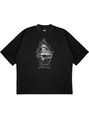 Pure Effect Unisex Oversize Flame Iskelet Baskılı Boxy Fit Kalın Kumaşlı T-Shirt