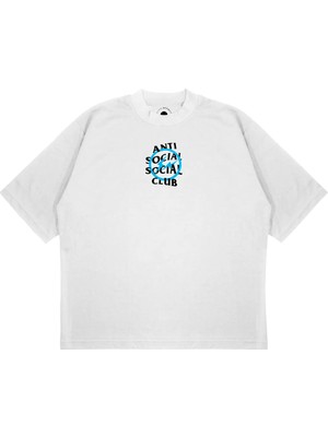 Pure Effect Unisex Oversize Anti Social Blue Baskılı T-Shirt