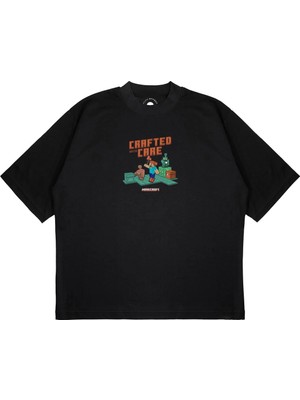 Pure Effect Unisex Oversize Mınecraft Crafted Baskılı Boxy Fit Kalın Kumaşlı (240GSM) T-Shirt