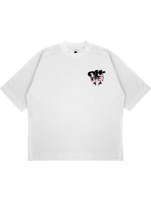 Pure Effect Unisex Oversize Off-Whıte Kurdele Baskılı Boxy Fit Kalın Kumaşlı (240GSM) T-Shirt